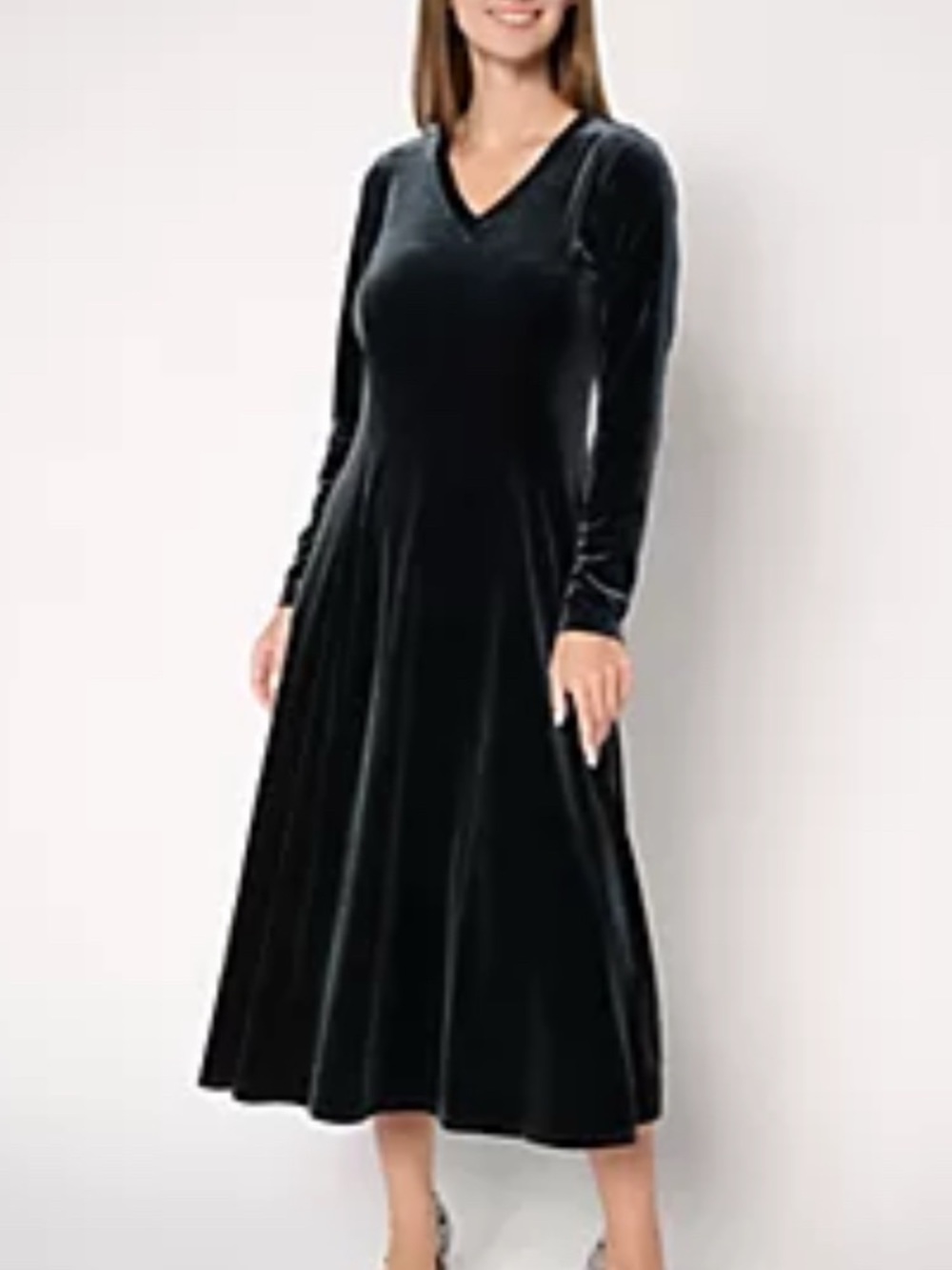 Attitudes By Renee Velvet Dress Black Long Sleeve Fit & Flare Swing Midi Goth S